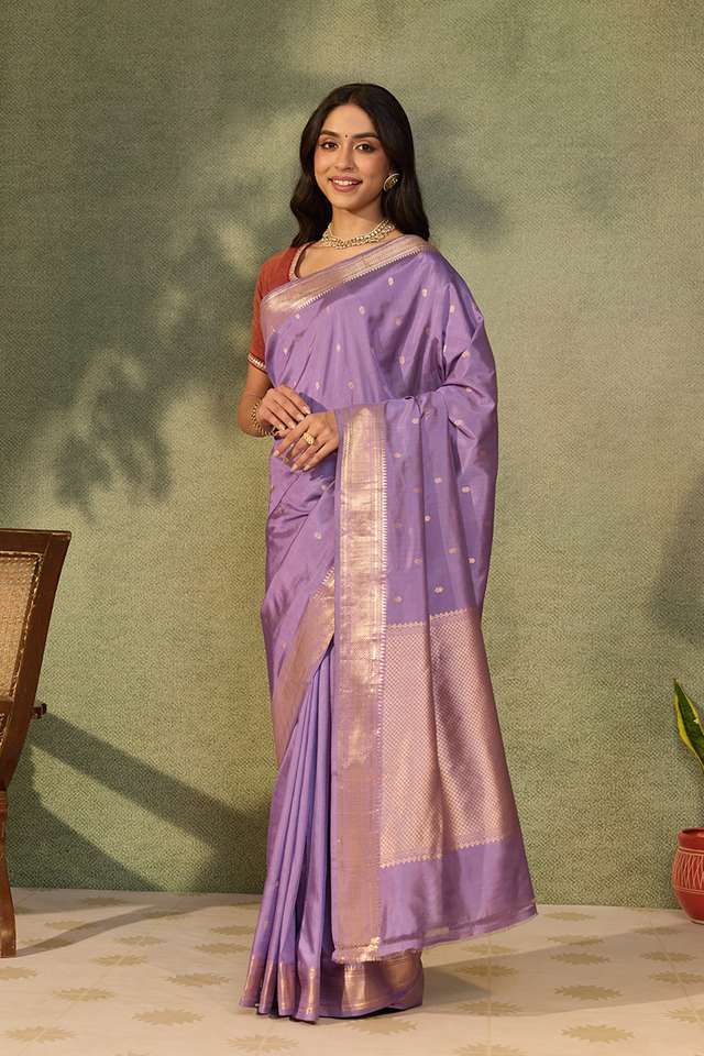 Lavender Silk Viscose Cutwork Banaras Inspired Design Saree thumbnail image number null