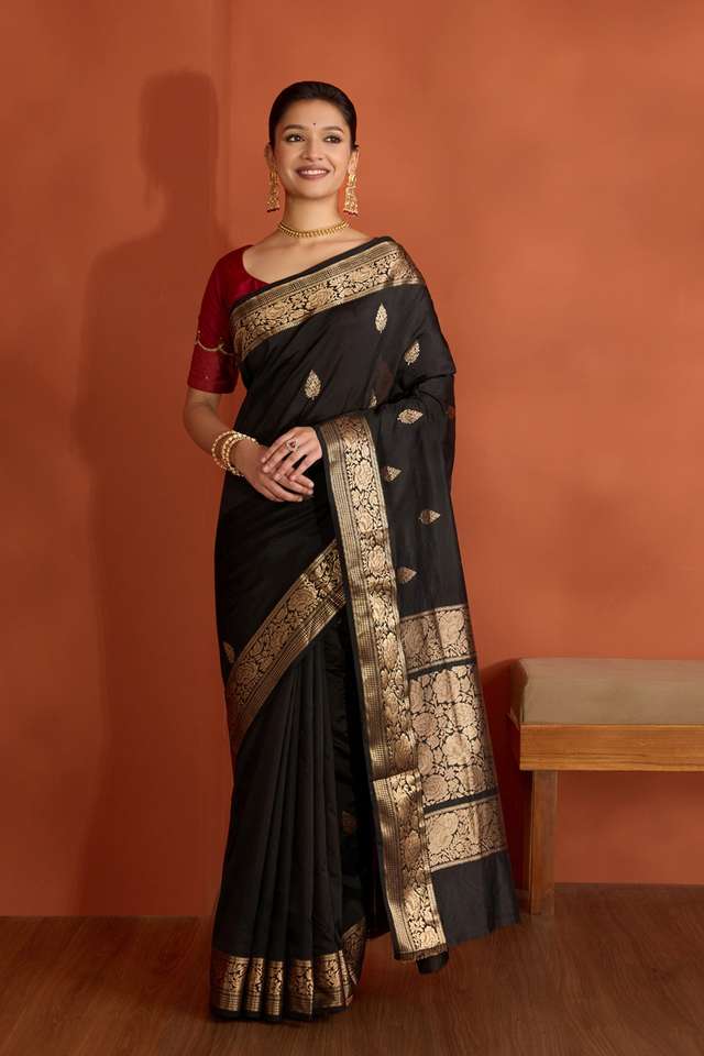 Black Silk Viscose Kadwa Banaras Inspired Design Saree thumbnail image number null