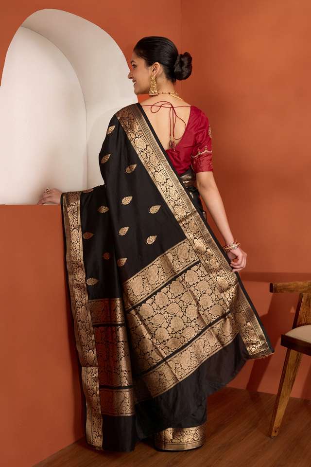 Black Silk Viscose Kadwa Banaras Inspired Design Saree thumbnail image number null