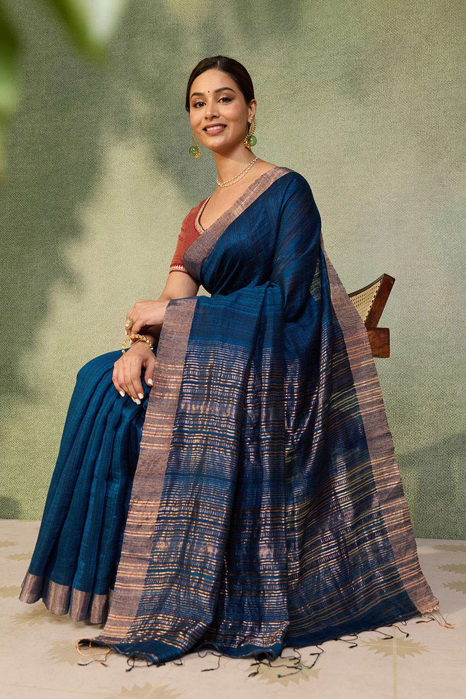 Dark Blue Woven Pure Silk Bengal Saree