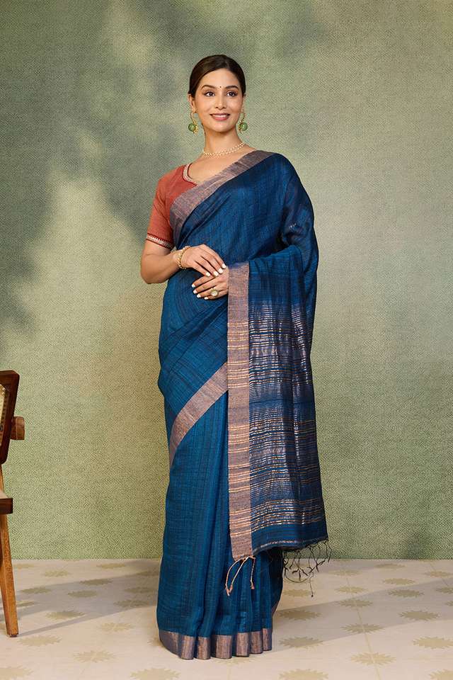 Dark Blue Woven Pure Silk Bengal Saree thumbnail image number null