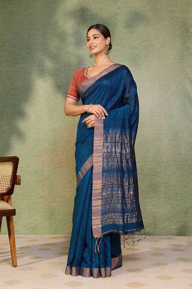 Dark Blue Woven Pure Silk Bengal Saree thumbnail image number null
