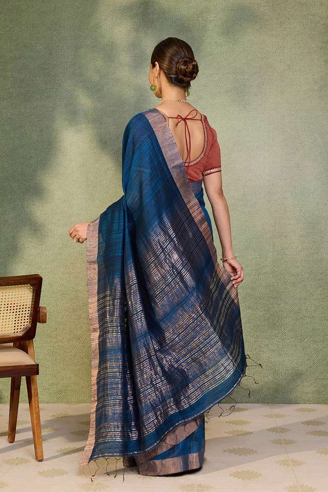 Dark Blue Woven Pure Silk Bengal Saree thumbnail image number null