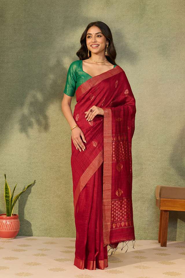 Dark Red Bengal Pure Silk Jamdani Saree thumbnail image number null