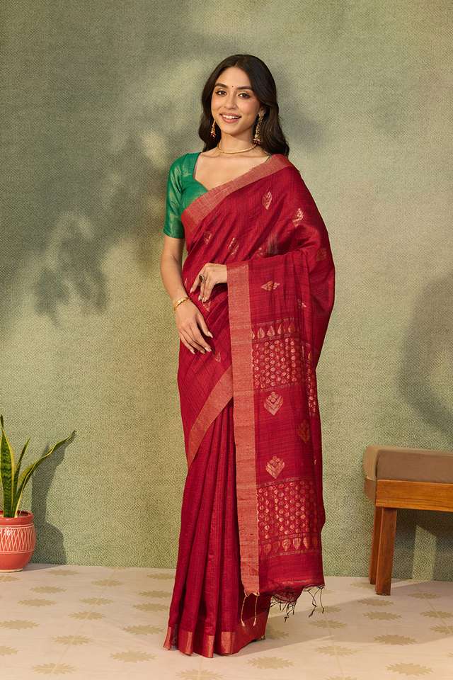 Dark Red Bengal Pure Silk Jamdani Saree thumbnail image number null