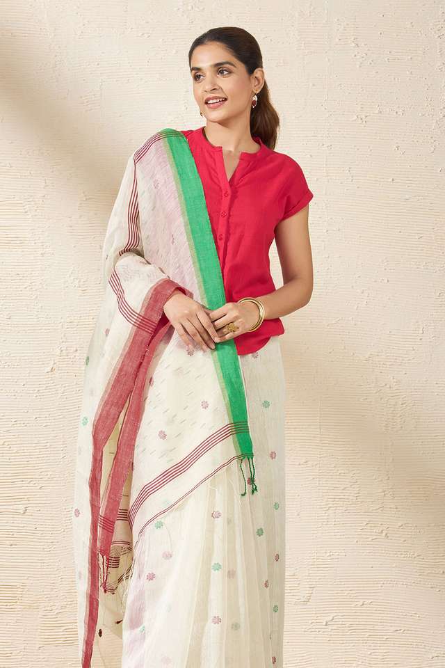 Off White Bengal Pure Silk Linen Jamdani Saree image number