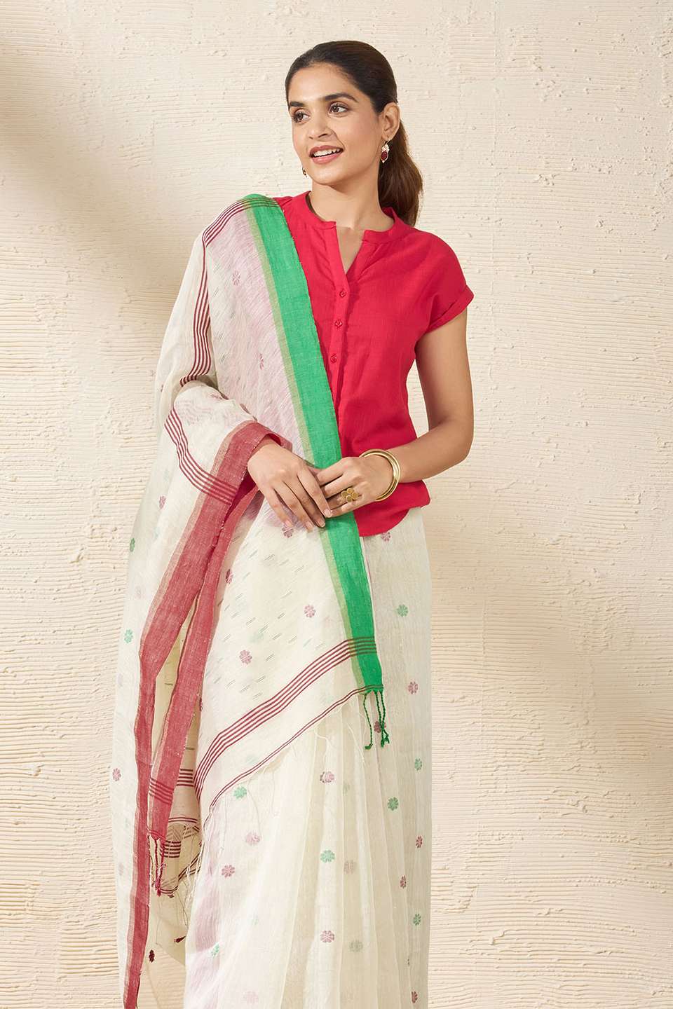 Off White Bengal Pure Silk Linen Jamdani Saree