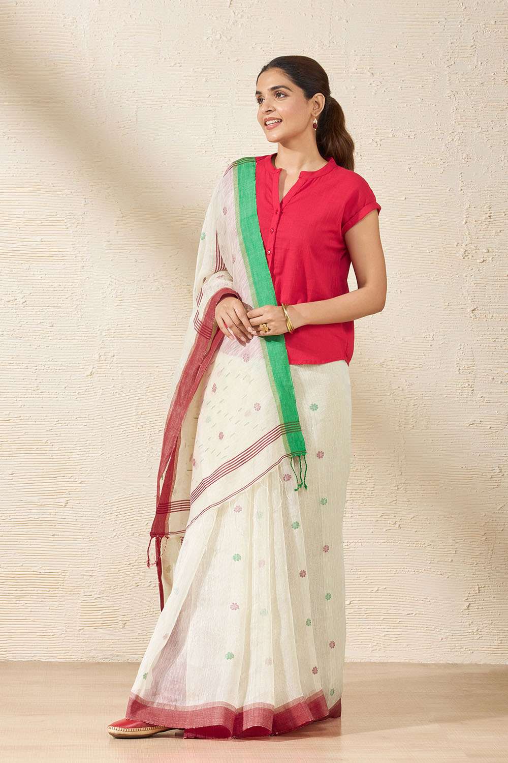 Off White Bengal Pure Silk Linen Jamdani Saree image number null