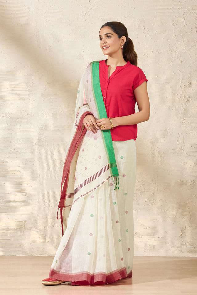 Off White Bengal Pure Silk Linen Jamdani Saree thumbnail image number null