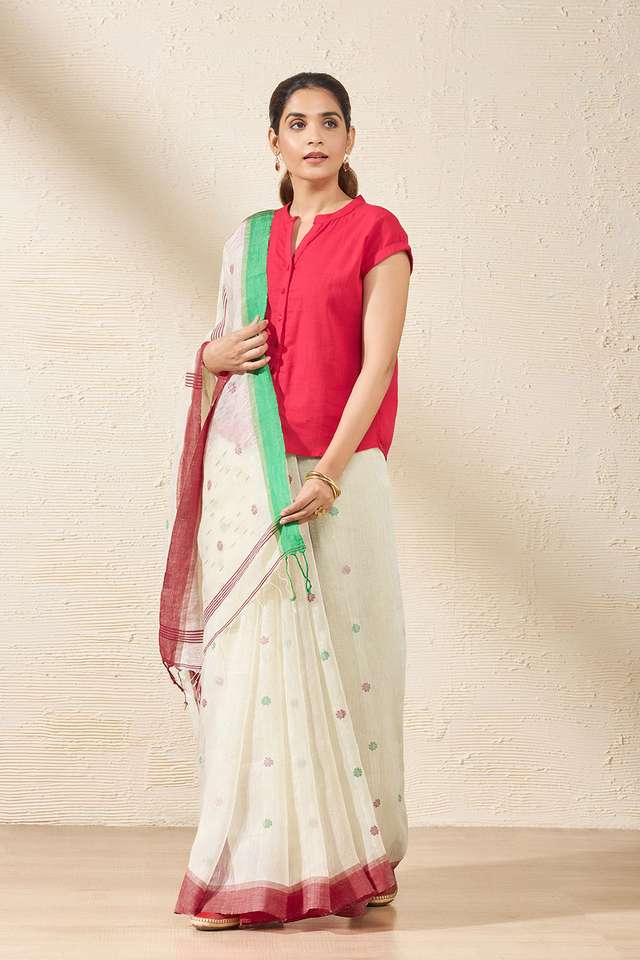 Off White Bengal Pure Silk Linen Jamdani Saree thumbnail image number null