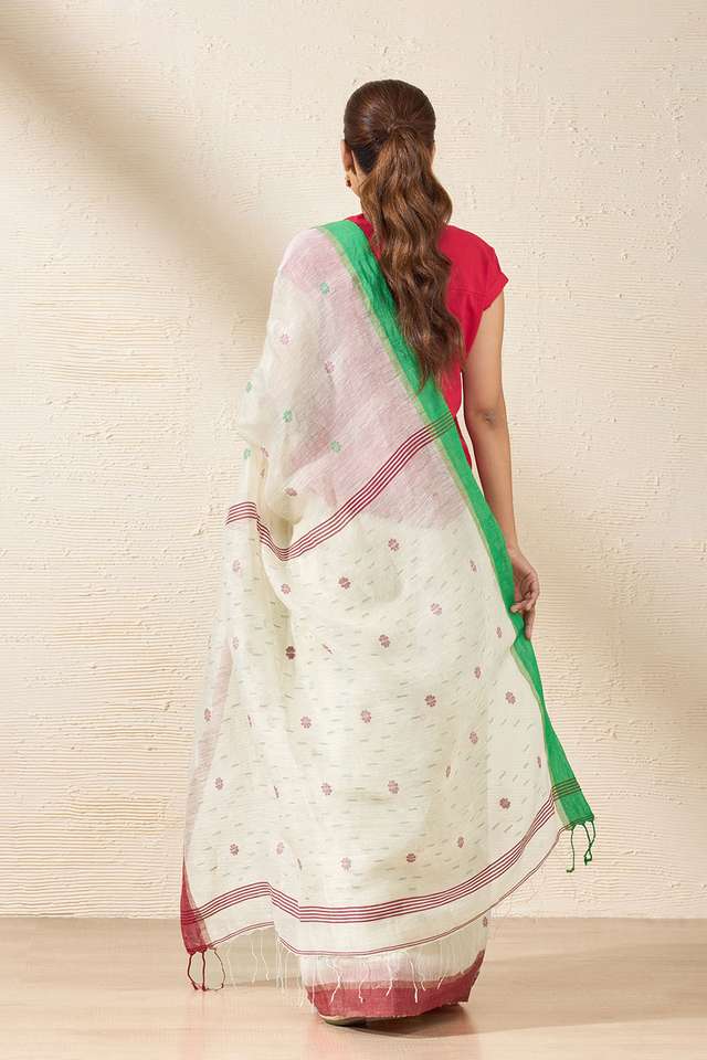 Off White Bengal Pure Silk Linen Jamdani Saree thumbnail image number null