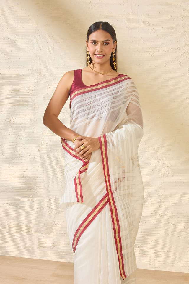 Off White Woven Pure Silk Cotton Chanderi Saree thumbnail image number null