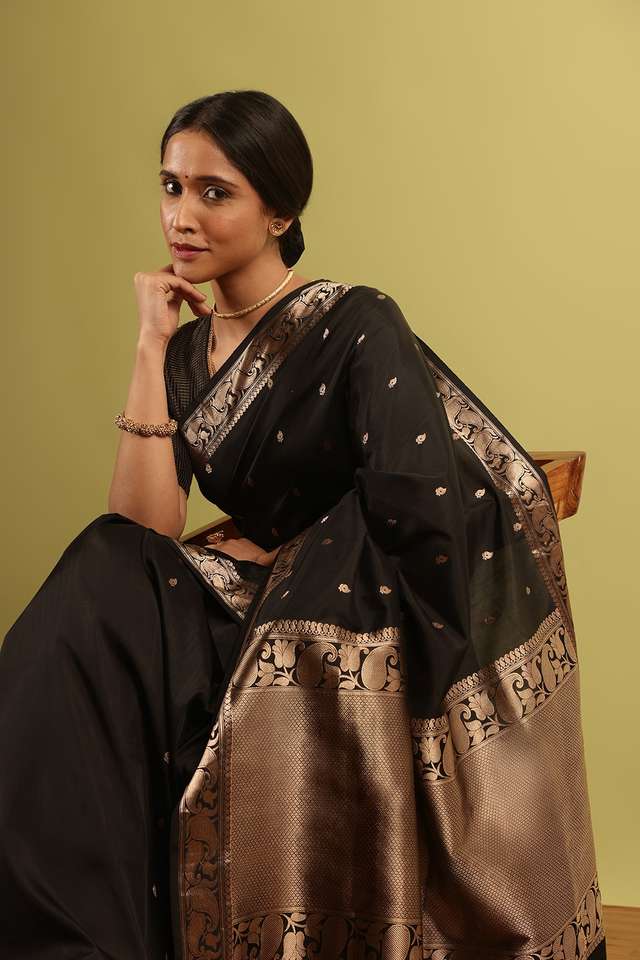 Black Silk Viscose Woven Saree thumbnail image number null