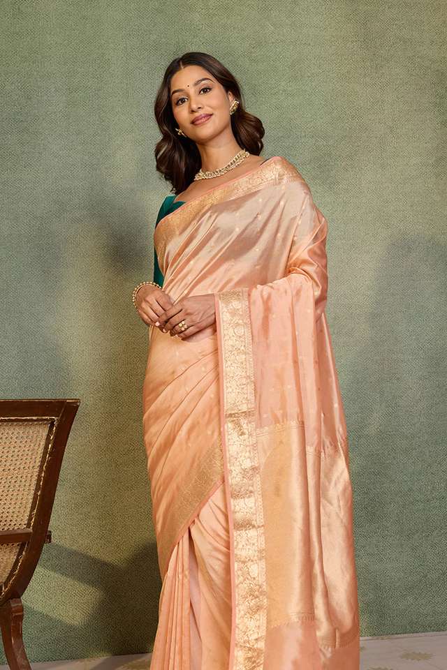 Light Orange Banarasi Inspired Design Silk Viscose Cutwork Saree image number