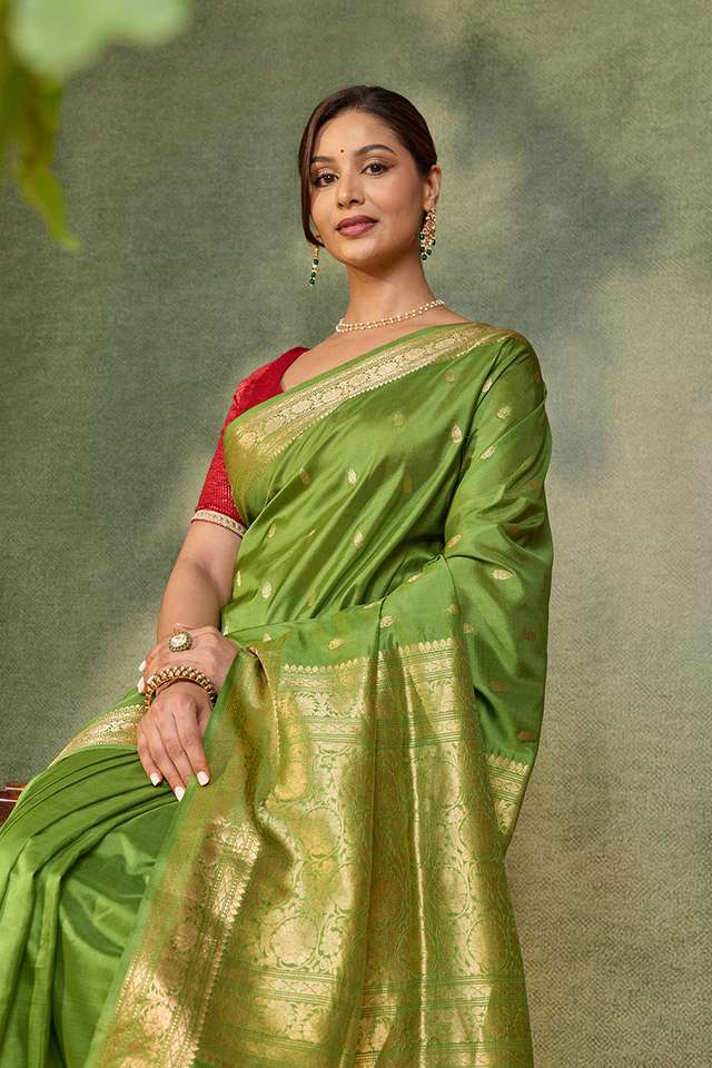 Light Green Silk Viscose Cutwork Banaras  Saree image number