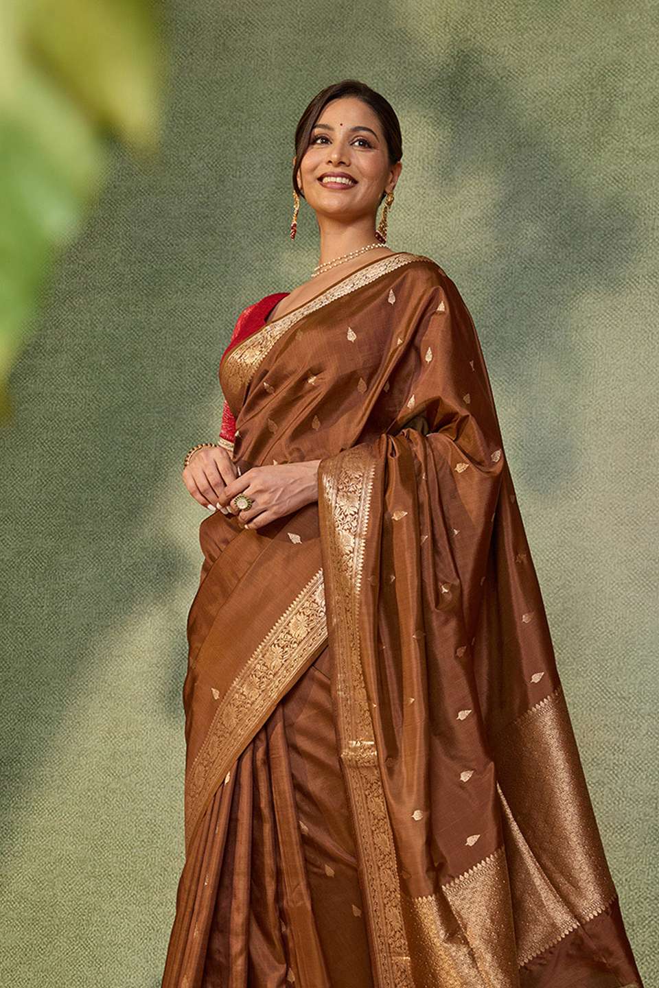 Brown Silk Viscose Cutwork Banaras  Saree