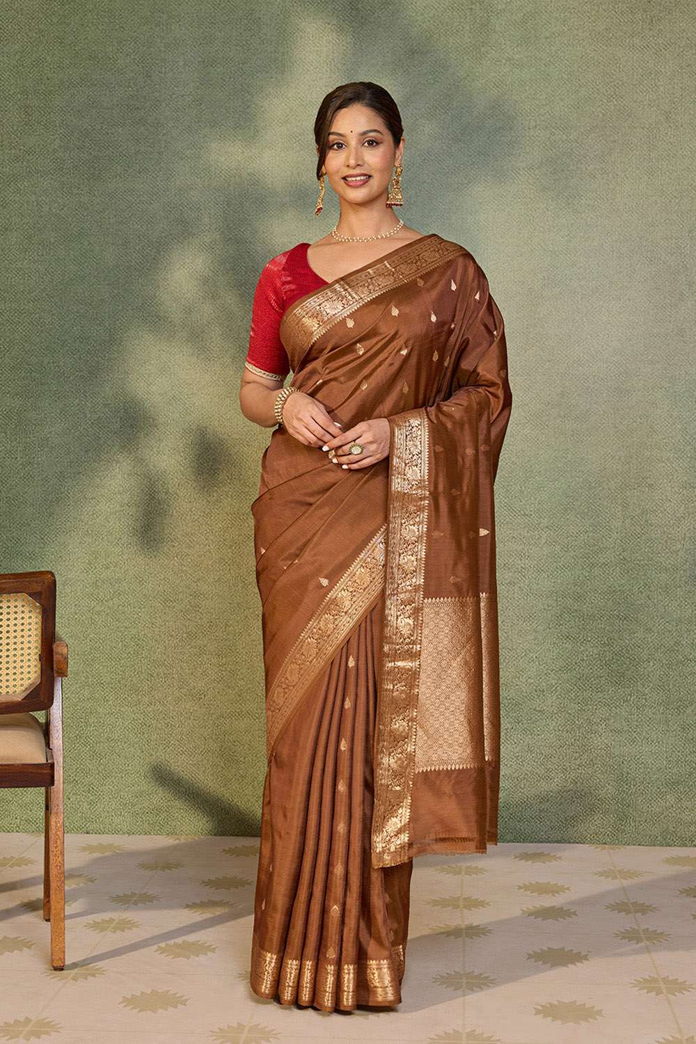 Brown Silk Viscose Cutwork Banaras  Saree image number null
