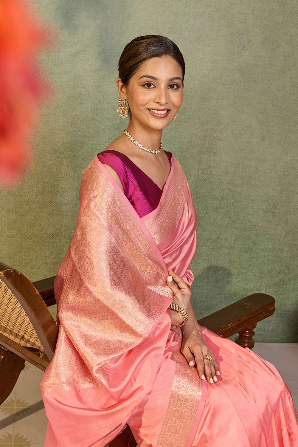 Pink Silk Viscose Cutwork Banaras  Saree image number null