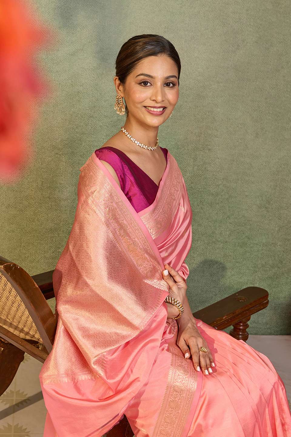 Pink Silk Viscose Cutwork Banaras  Saree