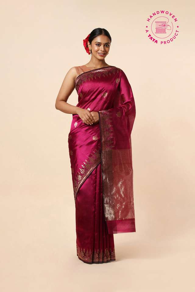 Dark Pink Pure Silk Chanderi Saree image number