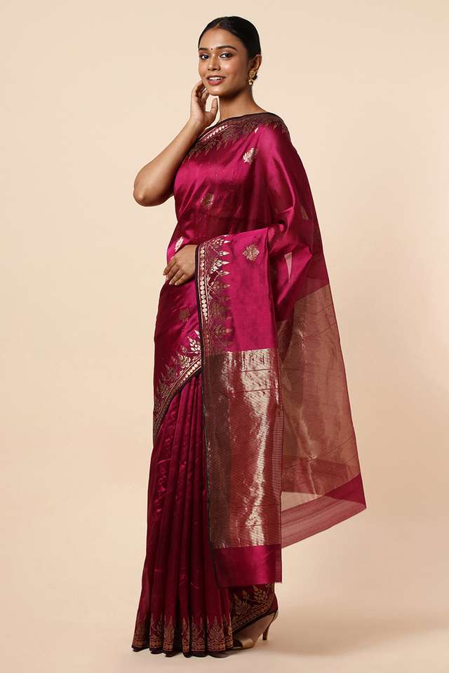 Dark Pink Pure Silk Chanderi Saree thumbnail image number null
