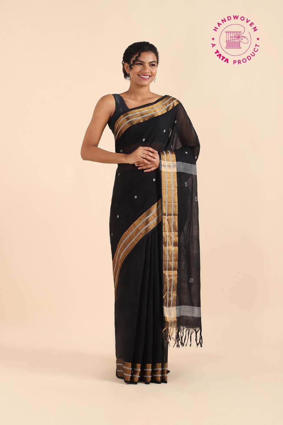 Black Pure Khadi Cotton Ponduru Jamdani Saree