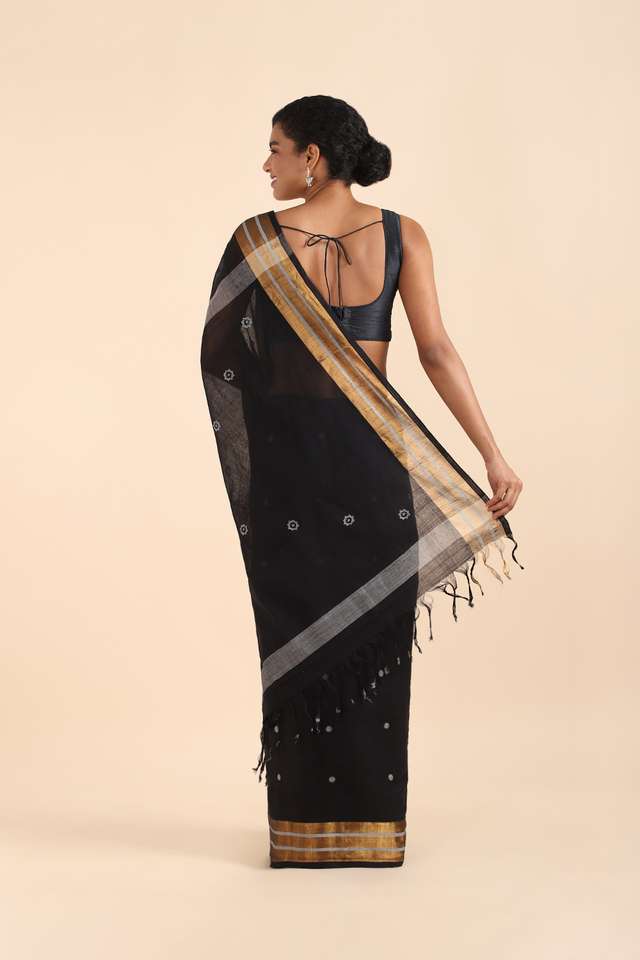 Black Pure Khadi Cotton Ponduru Jamdani Saree thumbnail image number null