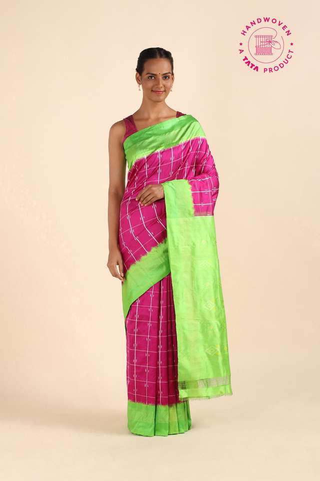 Dark Pink Pure Silk Pochampalli Ikat Saree image number