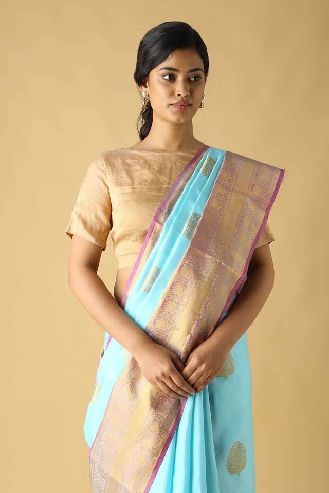 Light Blue Pure Silk Kanjivaram Saree thumbnail image number null