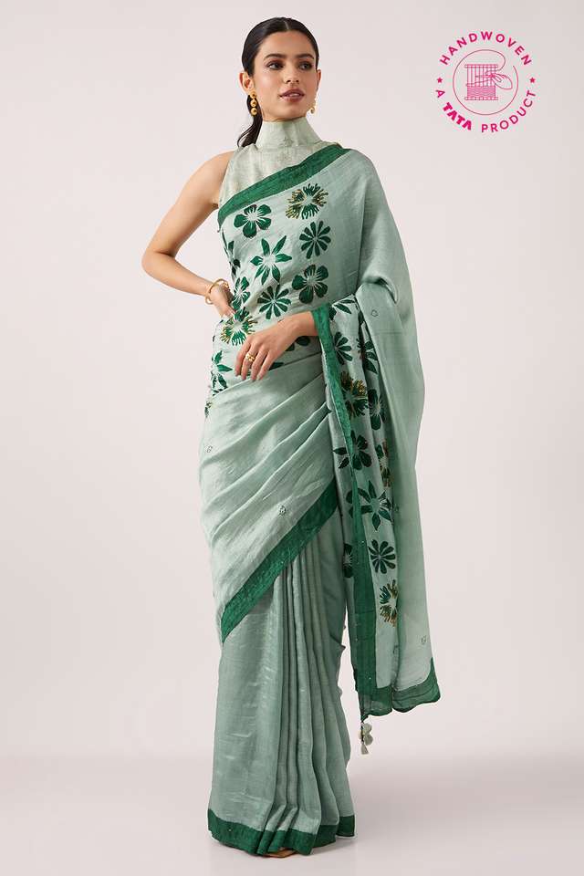 Light Green Pure Silk Hand Paint Saree image number