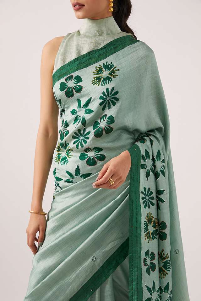 Light Green Pure Silk Hand Paint Saree thumbnail image number null