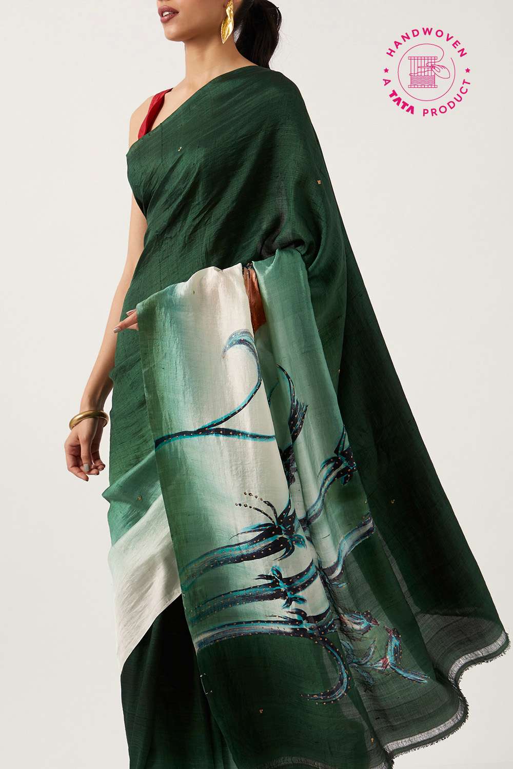 Green Pure Silk Hand Painted Saree image number null
