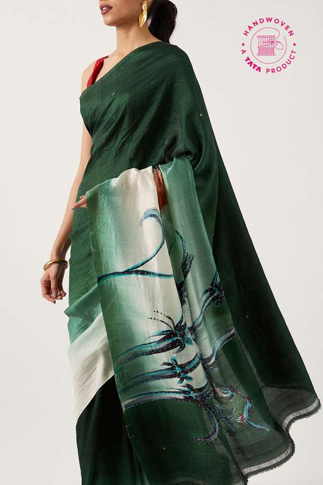 Green Pure Silk Hand Painted Saree image number
