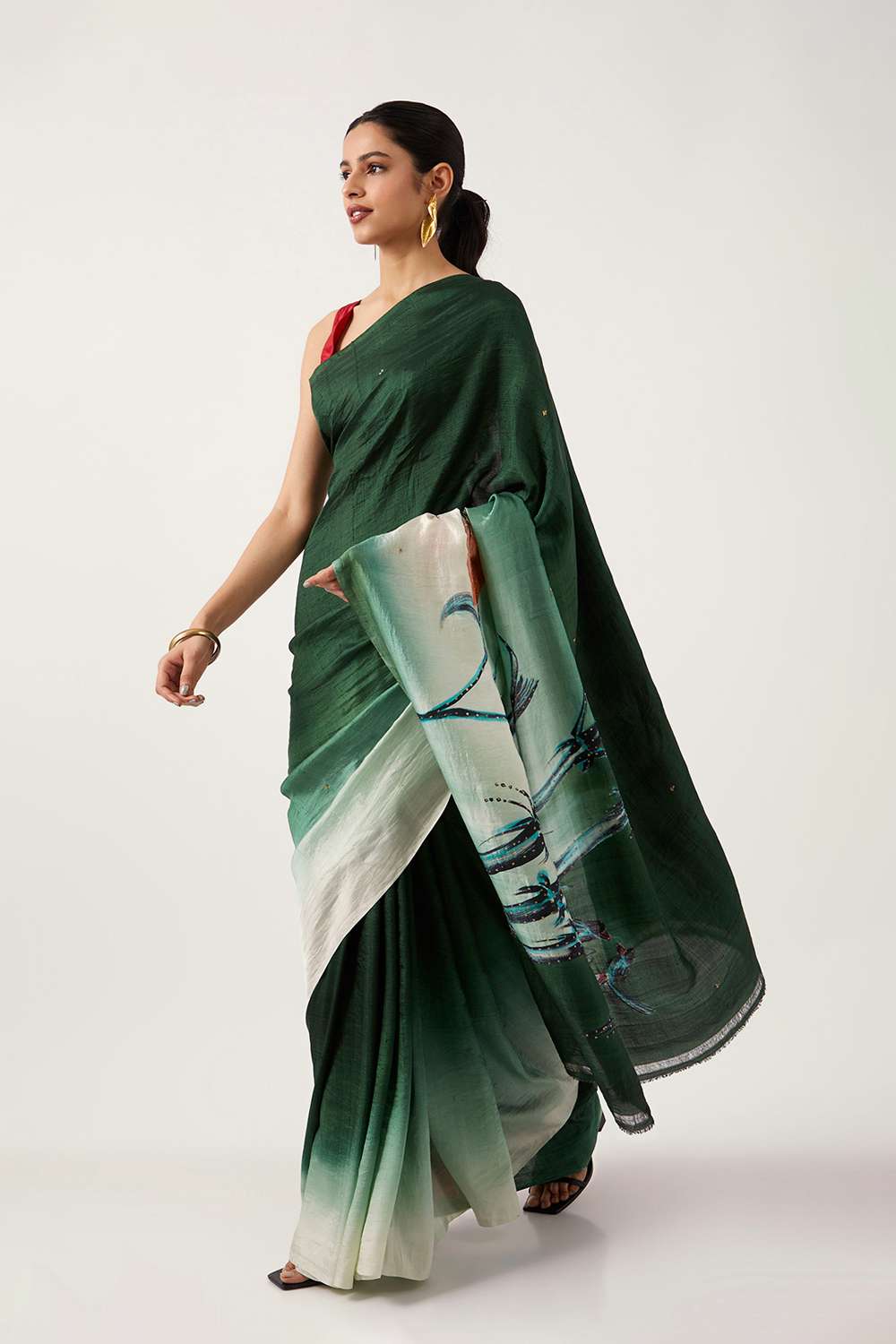 Green Pure Silk Hand Painted Saree image number null
