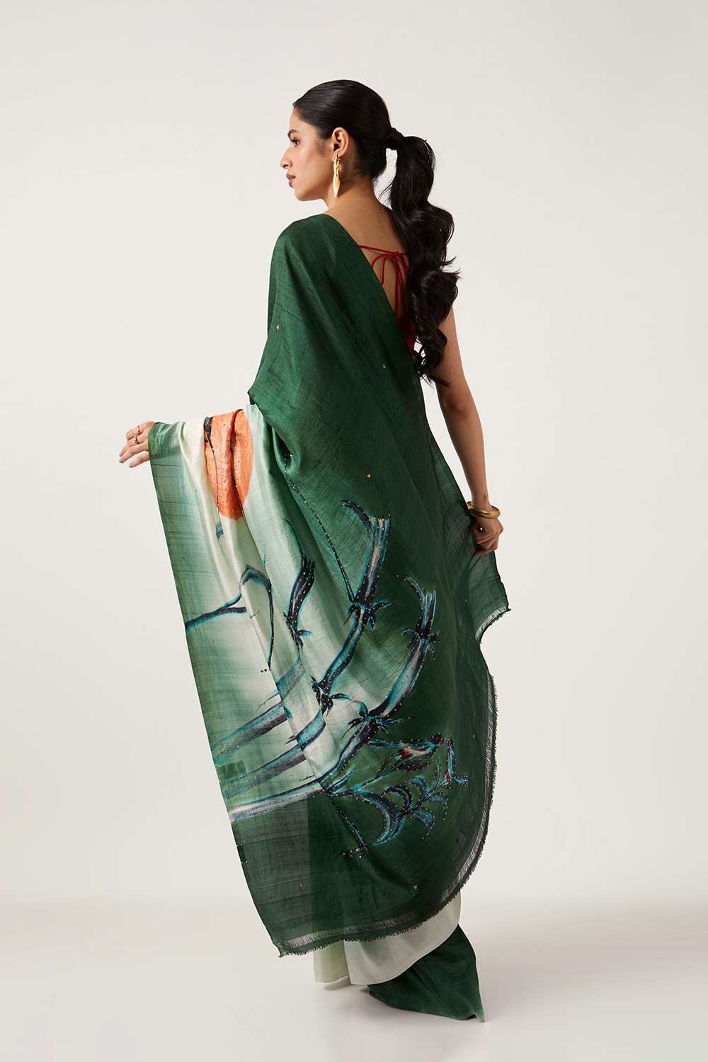Green Pure Silk Hand Painted Saree image number null