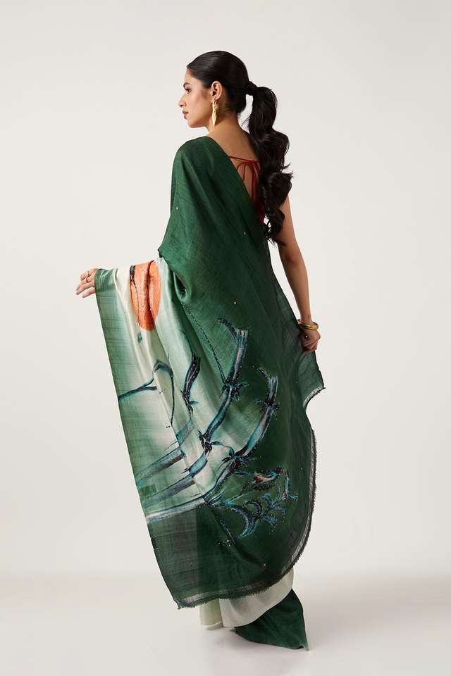 Green Pure Silk Hand Painted Saree thumbnail image number null