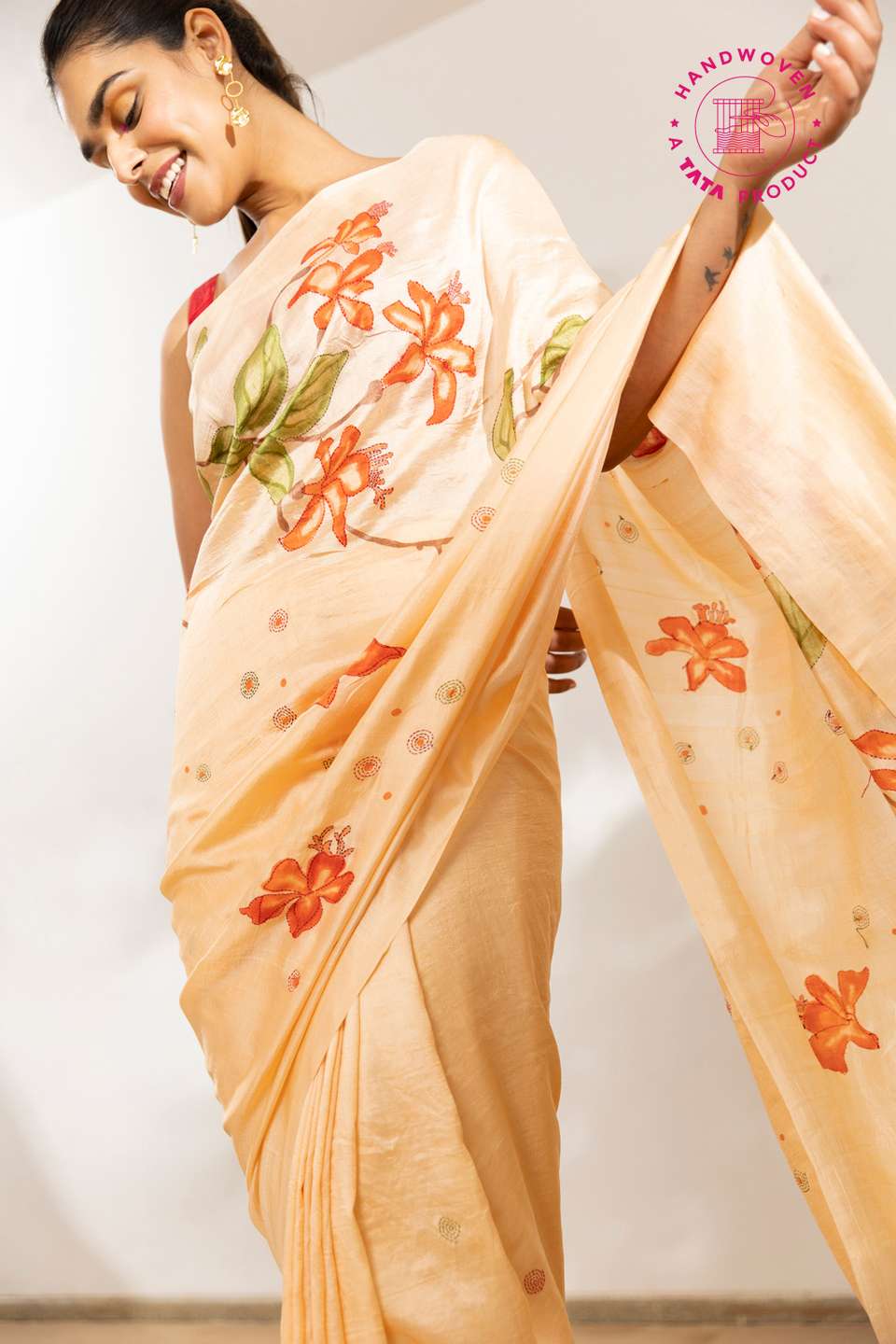 Light Yellow Pure Silk Hand Painteded Saree