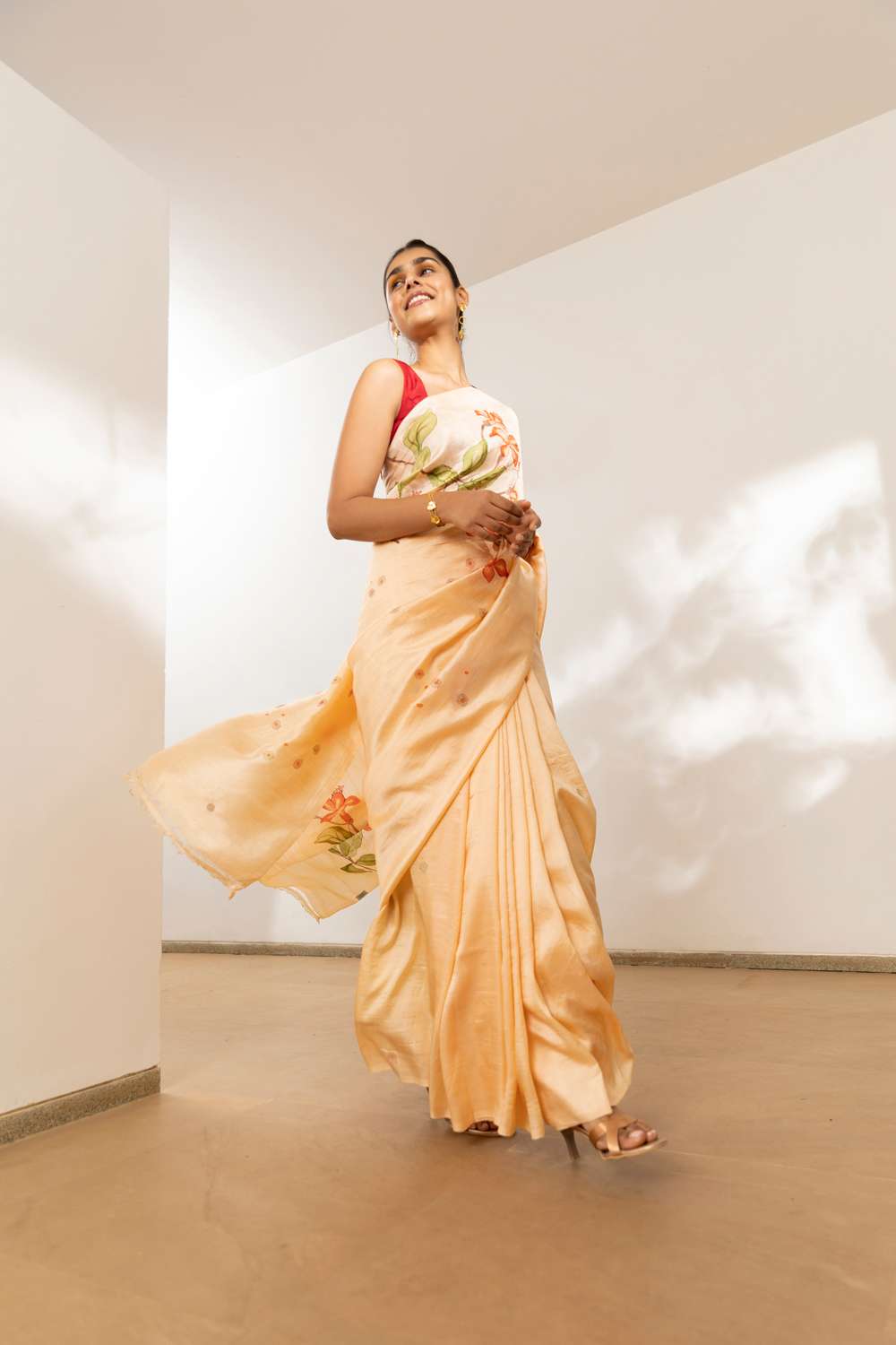 Light Yellow Pure Silk Hand Painteded Saree image number null