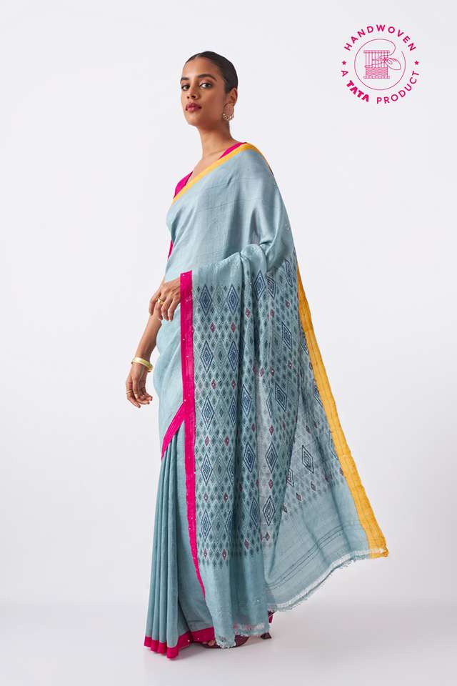 Grey Pure Silk Hand Painted Saree image number