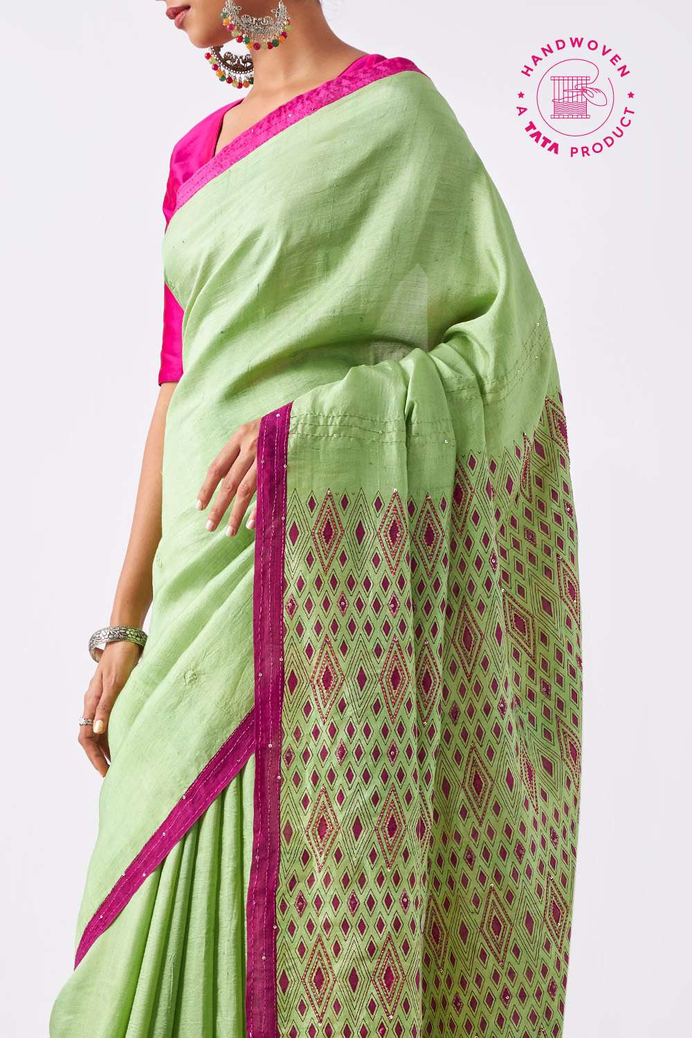 Light Green Pure Silk Hand Painted Saree image number null