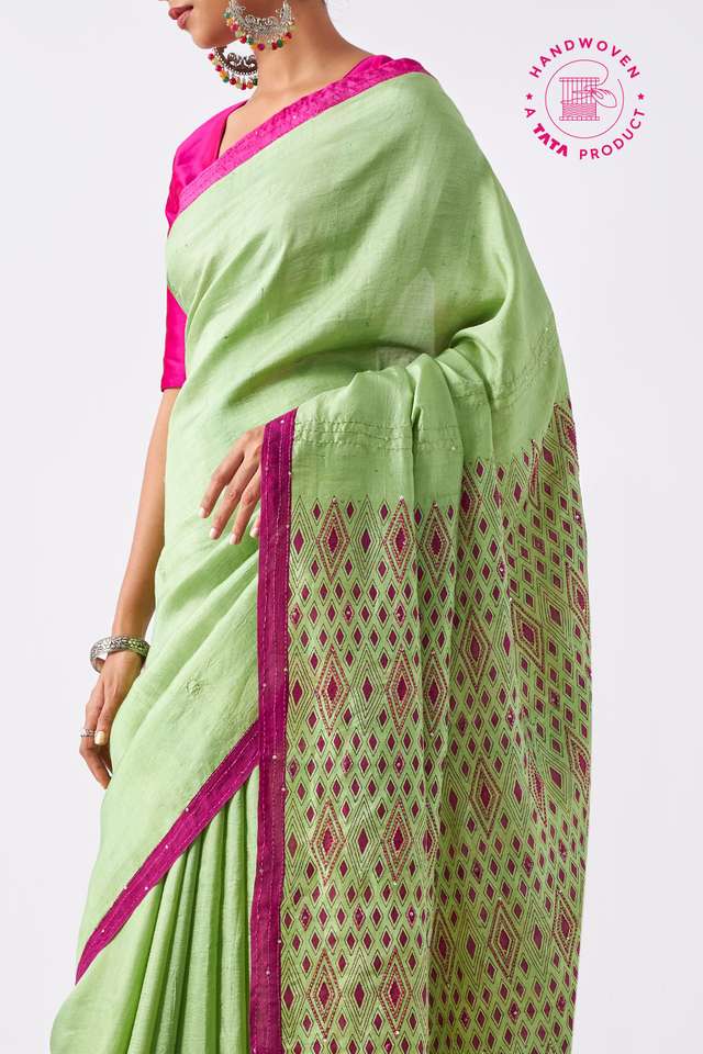 Light Green Pure Silk Hand Painted Saree image number