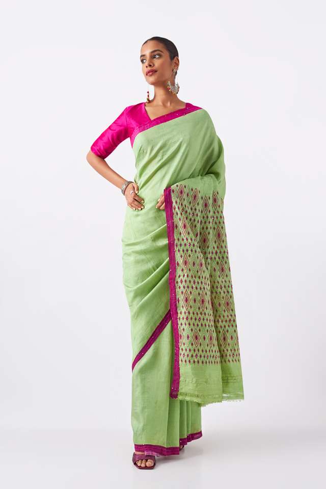 Light Green Pure Silk Hand Painted Saree thumbnail image number null