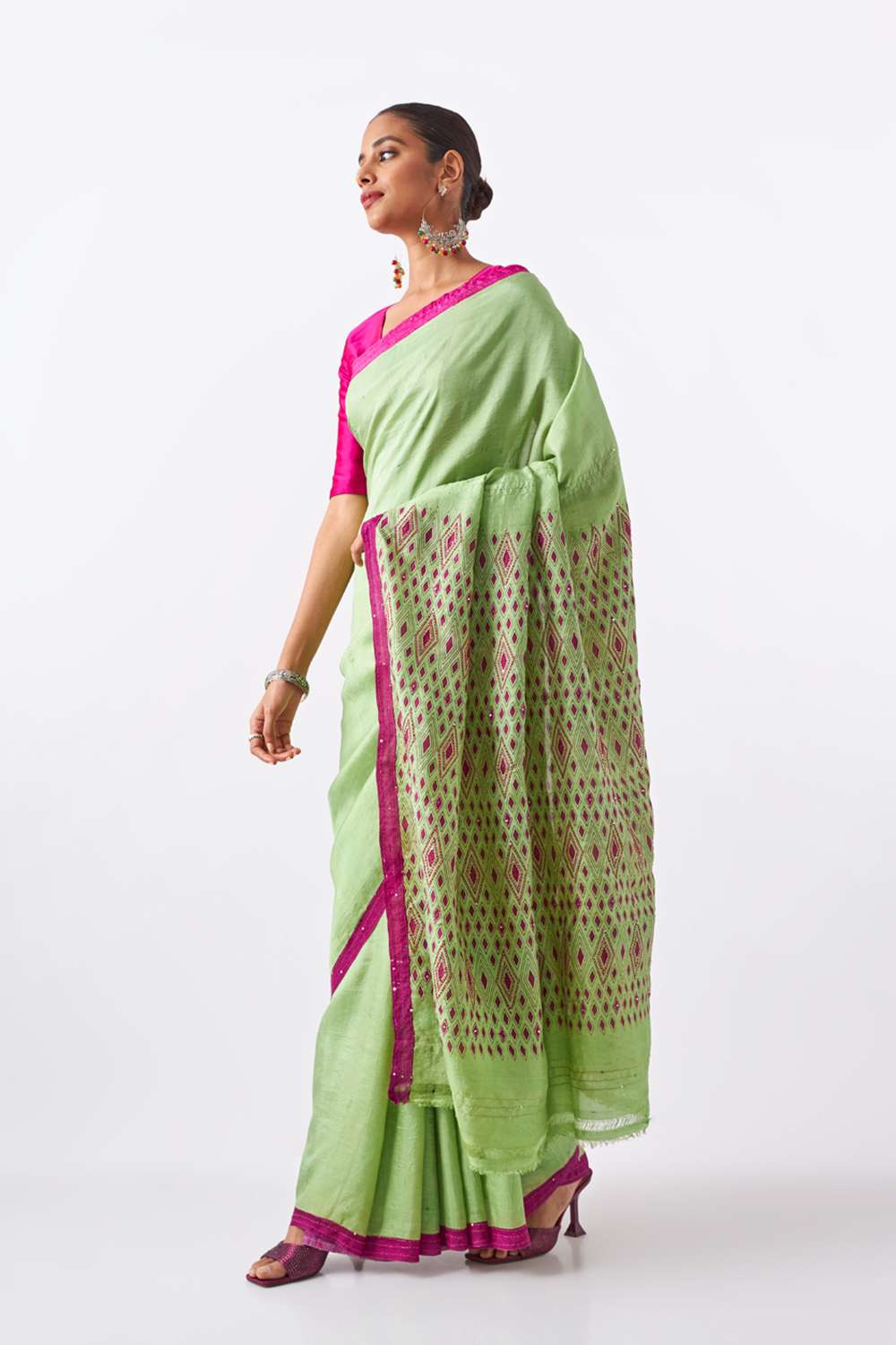 Light Green Pure Silk Hand Painted Saree image number null
