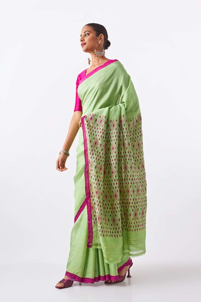Light Green Pure Silk Hand Painted Saree thumbnail image number null
