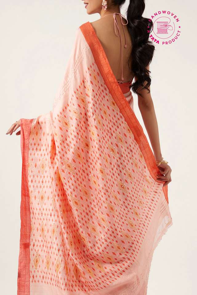 Light Orange Pure Silk Hand Painted Saree image number
