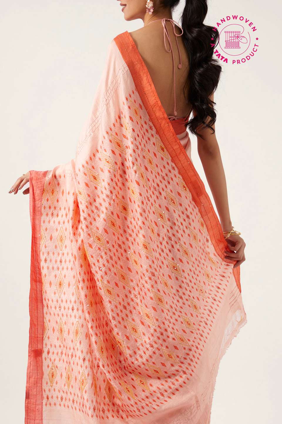 Light Orange Pure Silk Hand Painted Saree