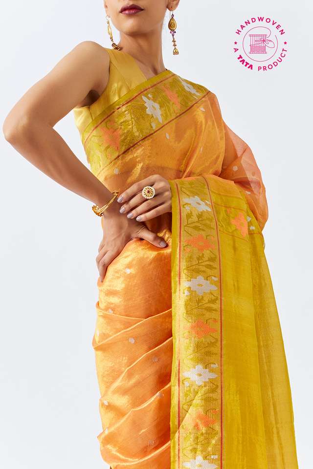 Light Orange Pure Organza Tissue Kanjivaram Saree image number
