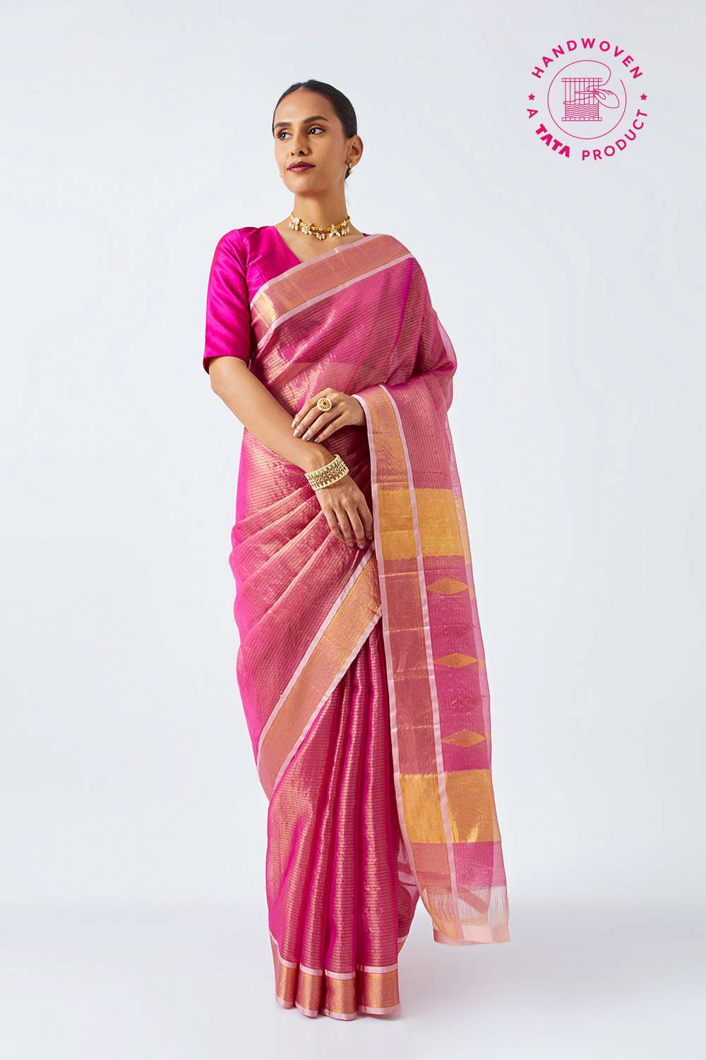 Dark Pink Pure Organza Kanjivaram Saree image number null