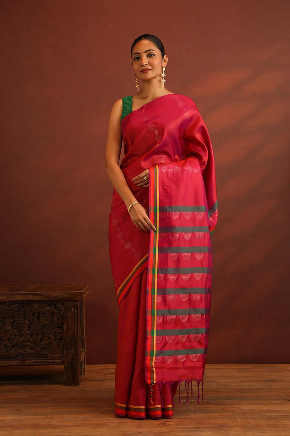 Dark Pink Woven Pure Soft Silk Saree