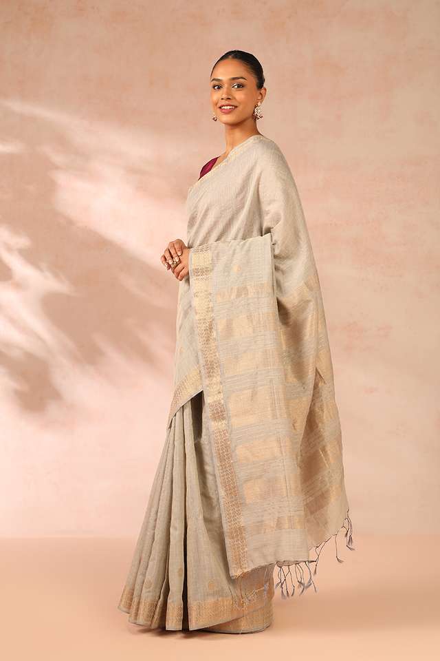 Grey Woven Pure Tussar Silk Saree thumbnail image number null